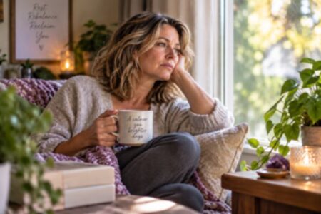 Tired woman sitting by a window with a warm drink, taking a quiet moment to rest and reset.