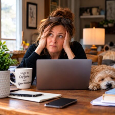 Tired, overwhelmed woman sitting at her laptop with her hands on her head, surrounded by everyday distractions, illustrating chronic stress and nervous system overload.